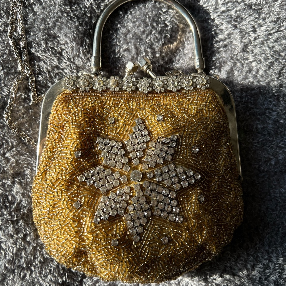 Gold beaded handmade pretty rhinestone evening bag
